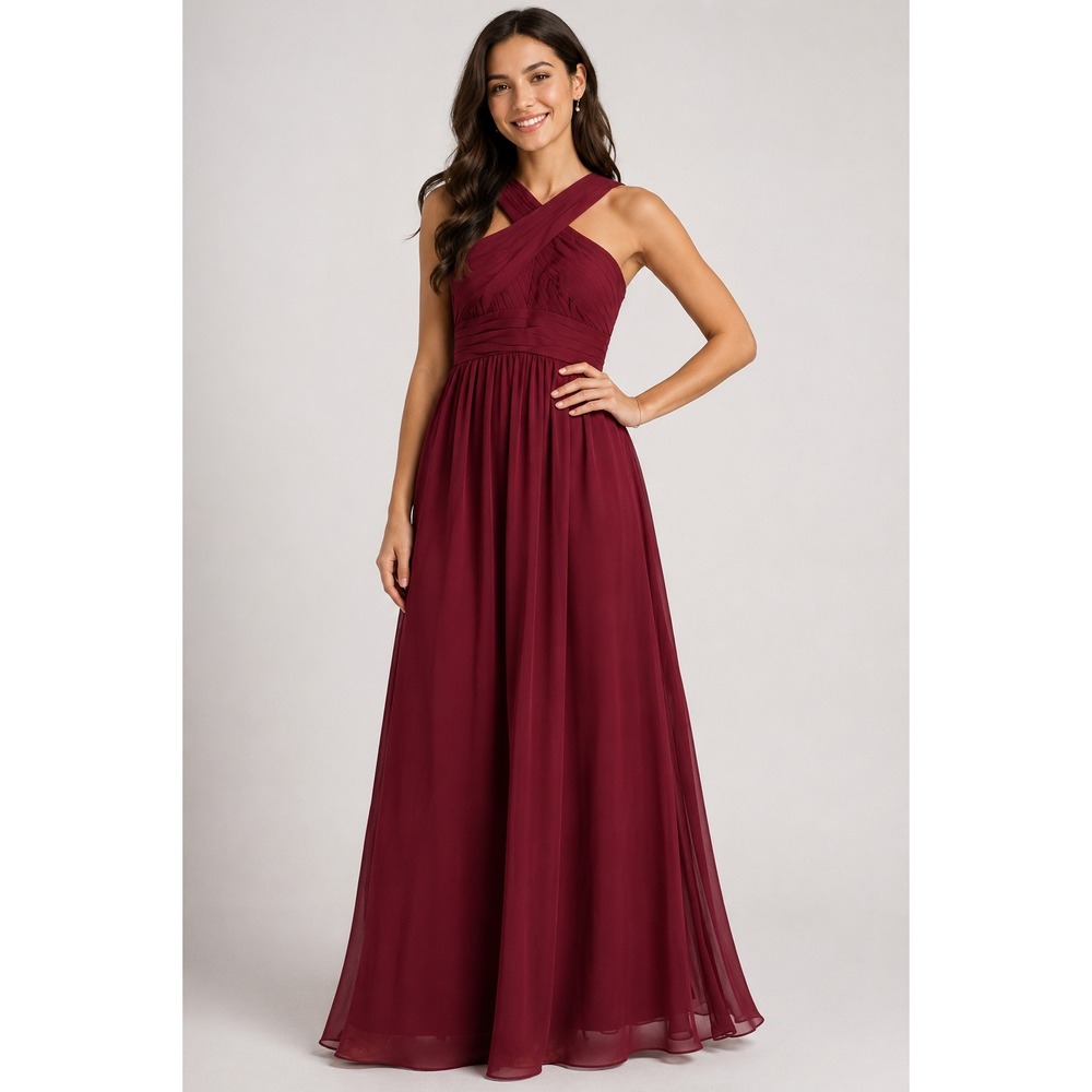 Lanting Bride Women's XXS Burgundy Chiffon Halter Ruched Pleated Formal‎ Dress